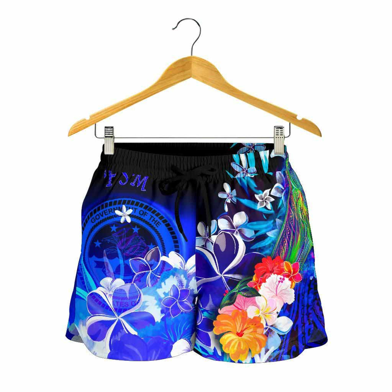 Federated States of Micronesia Women Shorts - Humpback Whale with Tropical Flowers (Blue) 2