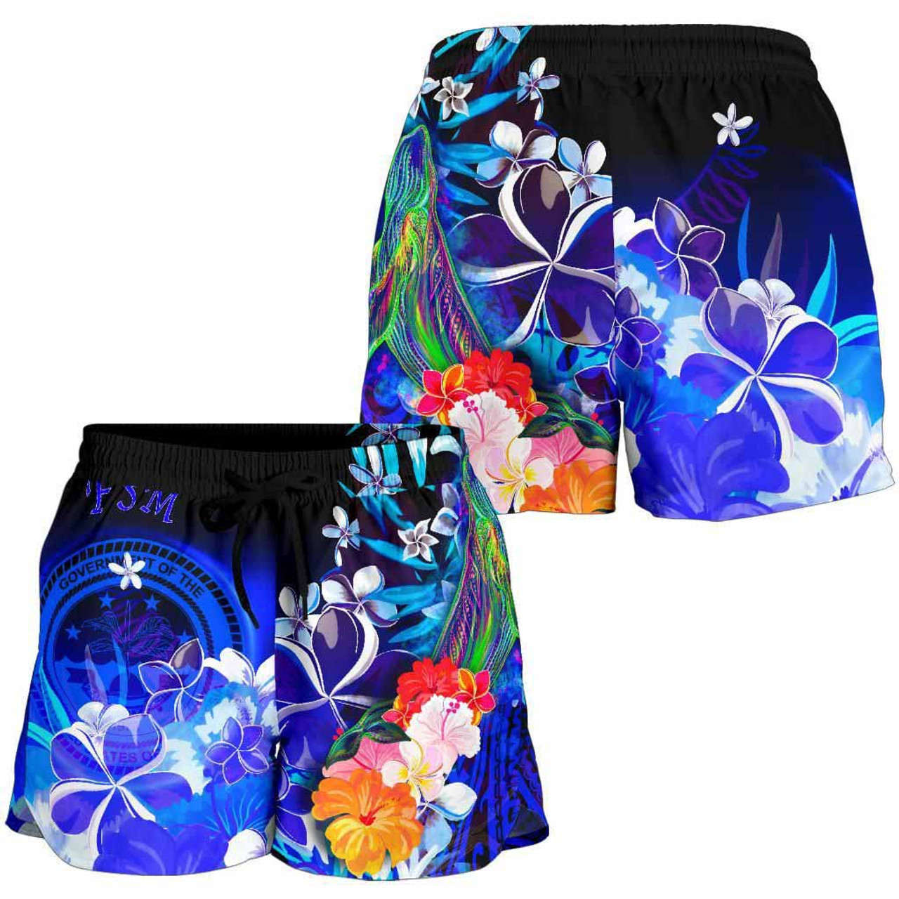 Federated States of Micronesia Women Shorts - Humpback Whale with Tropical Flowers (Blue) 3