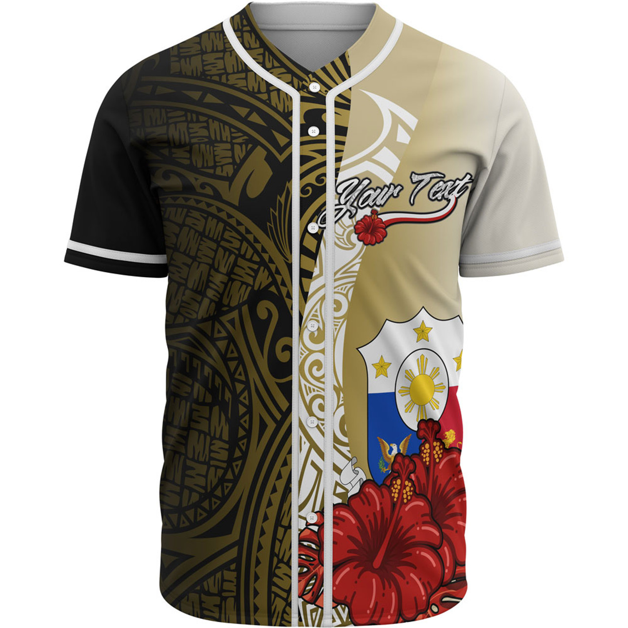 Philippines Polynesian Custom Personalised Baseball Shirt - Coat Of Arm With Hibiscus Gold