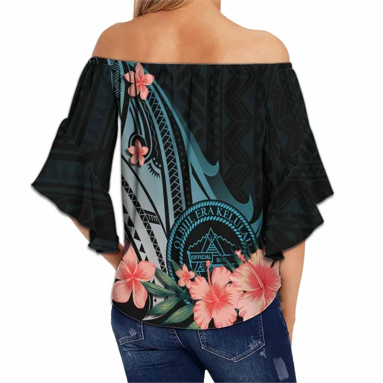 Palau Off Shoulder Wrap Waist Top - Turquoise Polynesian Hibiscus Pattern Style  2