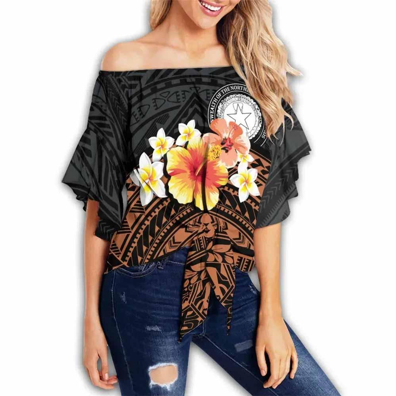 Northern Mariana Islands Custom Personalised Off Shoulder Wrap Waist Top - Tribal Pattern Hibiscus  1