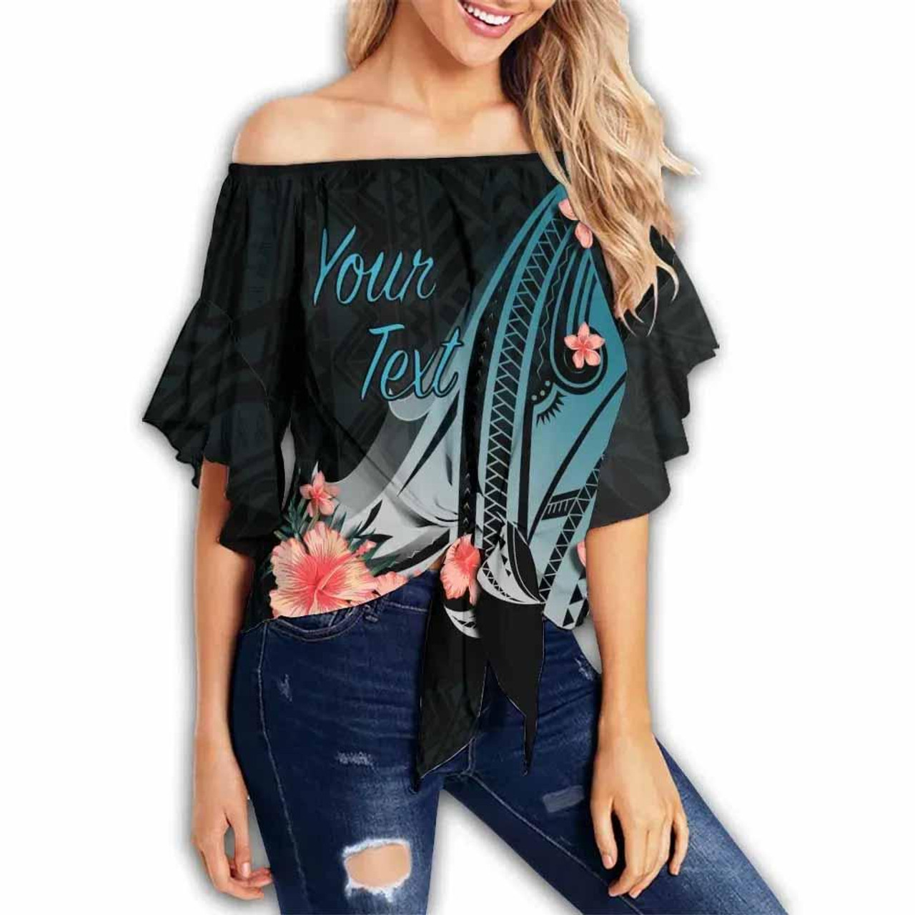 Tahiti Custom Personalised Off Shoulder Wrap Waist Top - Turquoise Polynesian Hibiscus Pattern Style  1