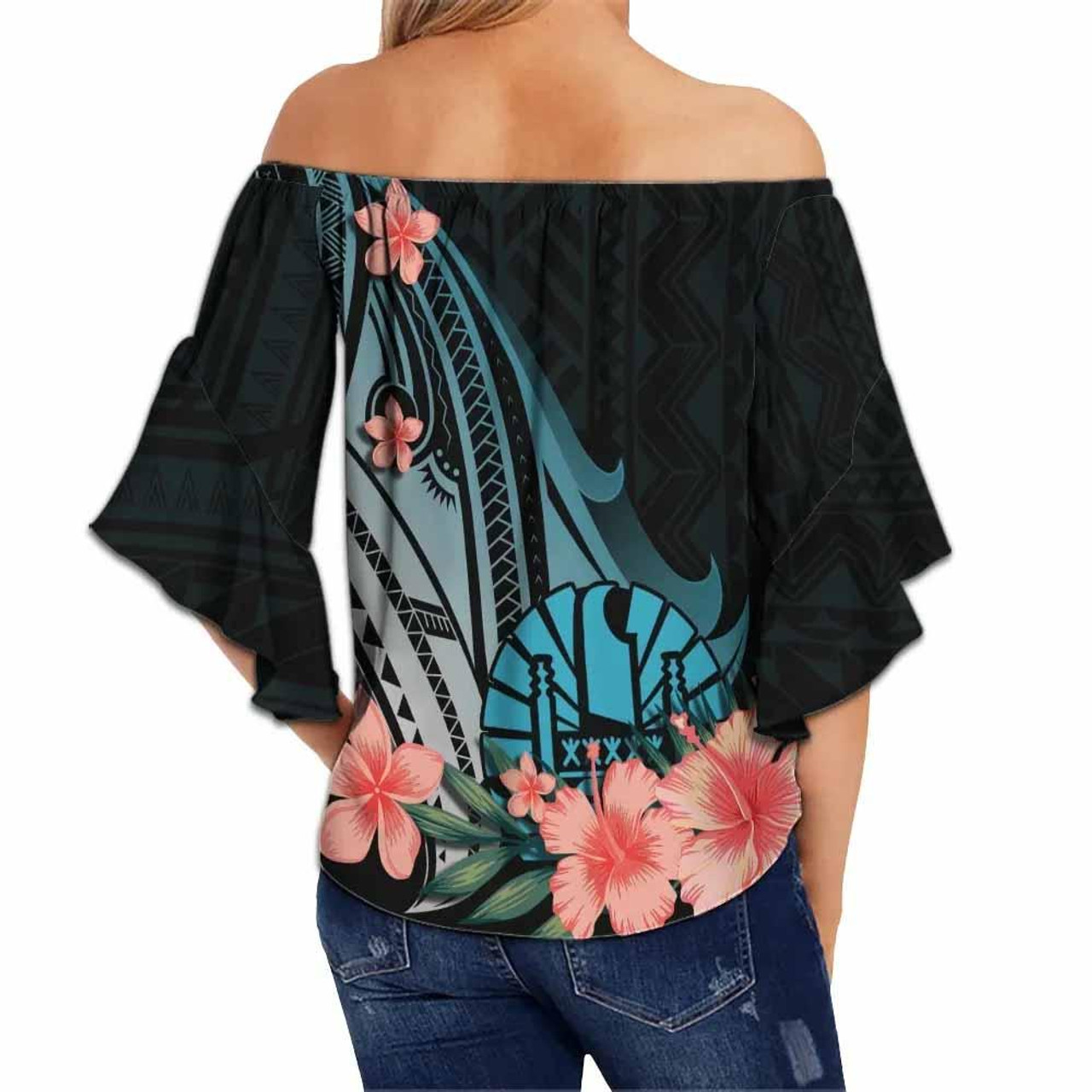 Tahiti Custom Personalised Off Shoulder Wrap Waist Top - Turquoise Polynesian Hibiscus Pattern Style  2