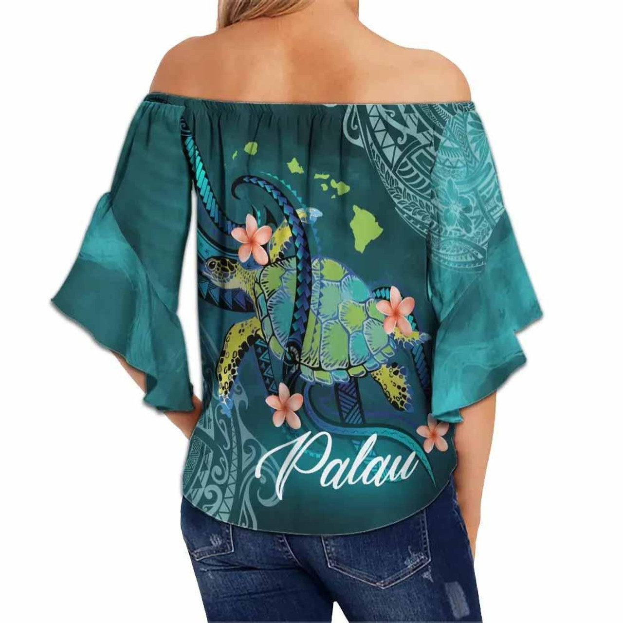 Palau Off Shoulder Wrap Waist Top - Turtle With Pattern  2