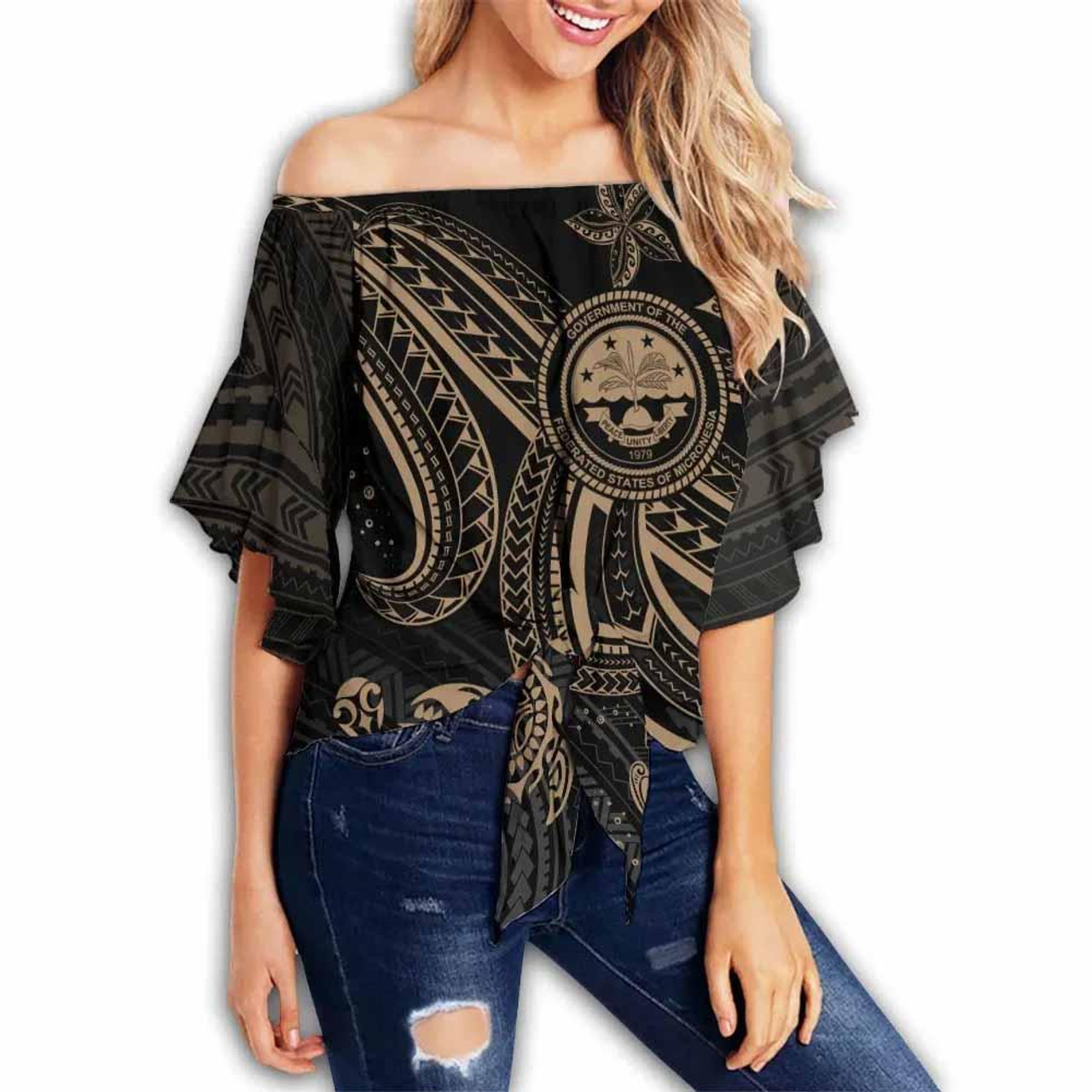 Federated States of Micronesia Custom Personalised Off Shoulder Wrap Waist Top - Gold Turtle  1