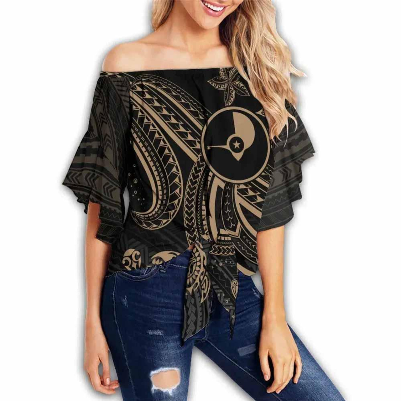 Yap Custom Personalised Off Shoulder Wrap Waist Top - Gold Turtle  1