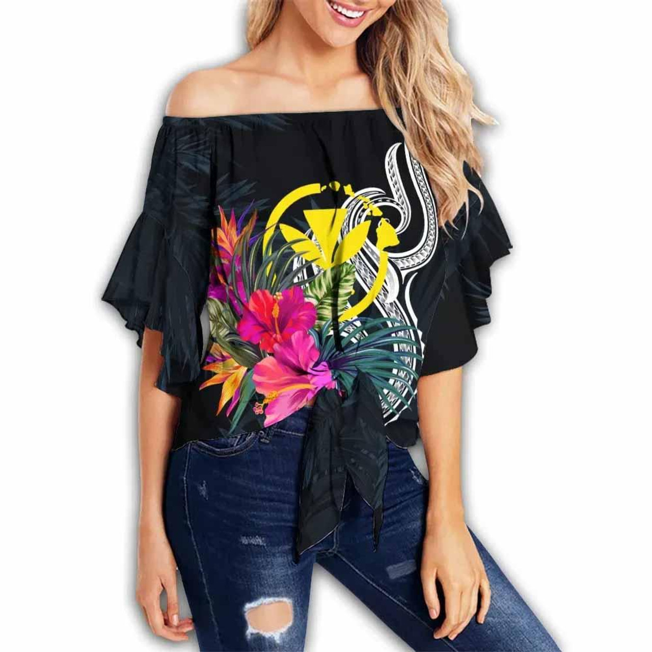 Hawaii Polynesian Off Shoulder Wrap Waist Top - Tropical Flower  1