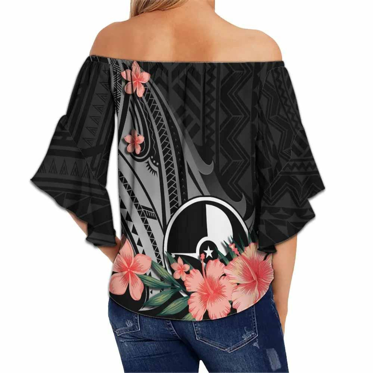 Yap Custom Personalised Off Shoulder Wrap Waist Top - Polynesian Hibiscus Pattern Style  2