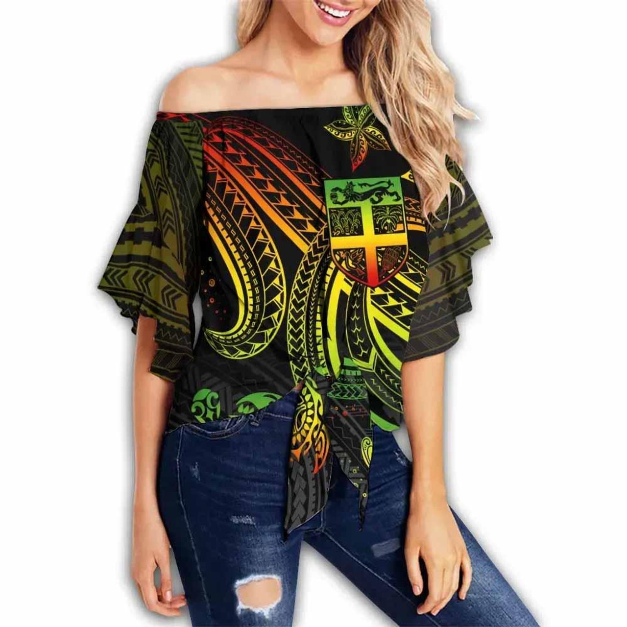 Fiji Custom Personalised Off Shoulder Wrap Waist Top - Reggae Turtle Pattern  1