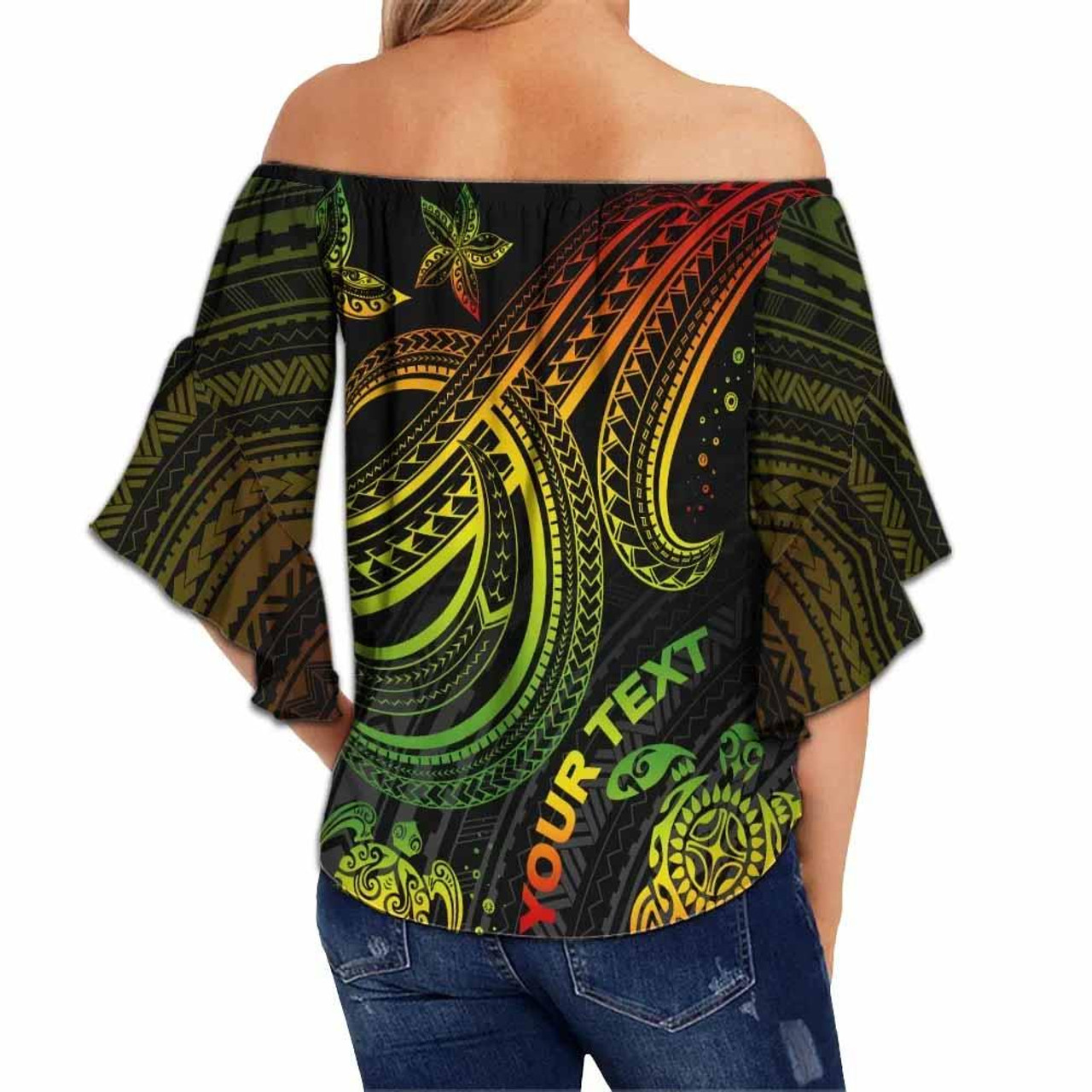 Fiji Custom Personalised Off Shoulder Wrap Waist Top - Reggae Turtle Pattern  2