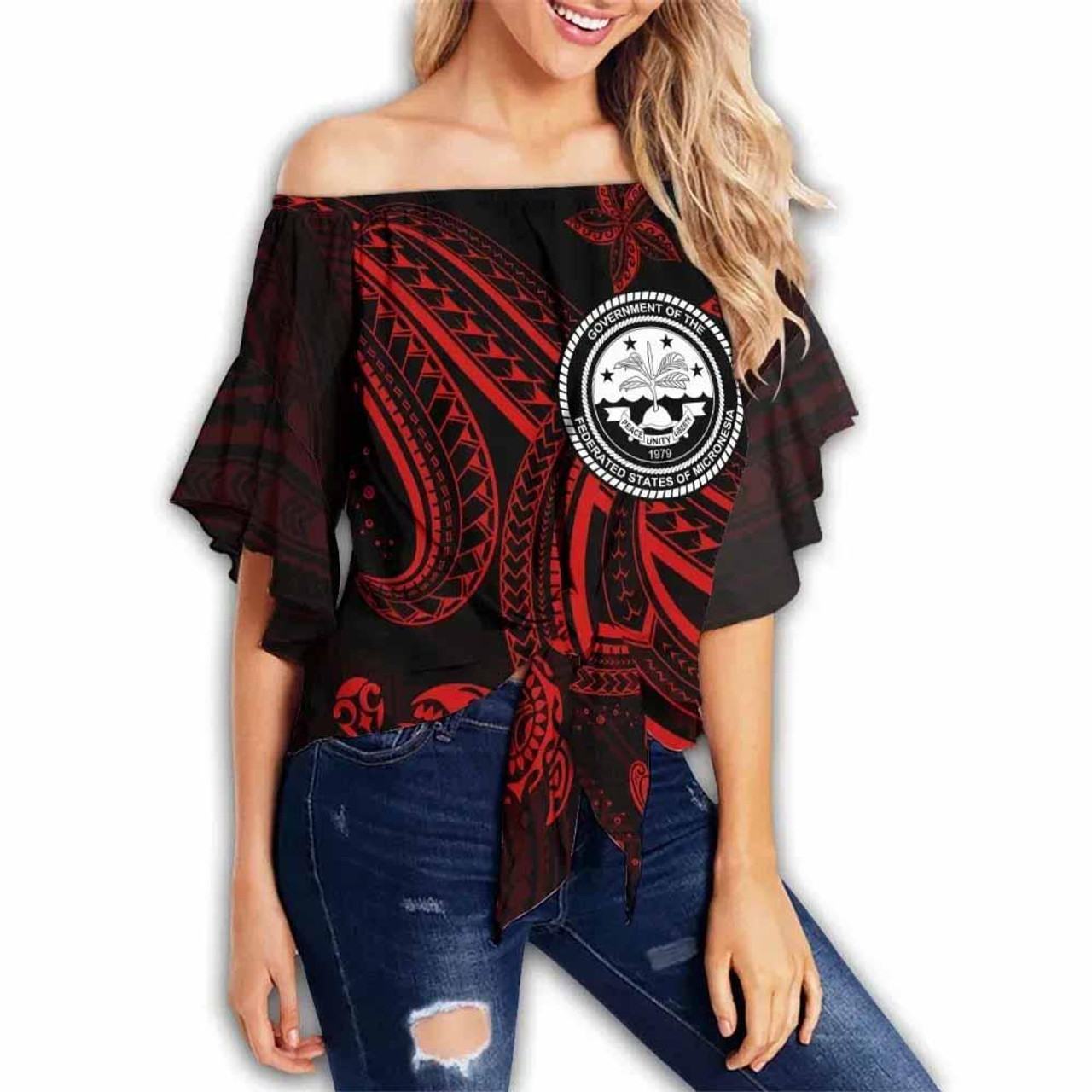 Federated States of Micronesia Custom Personalised Off Shoulder Wrap Waist Top - Red Turtle  1