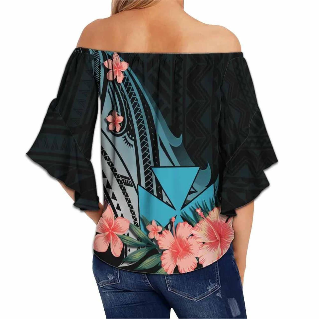 Wallis and Futuna Custom Personalised Off Shoulder Wrap Waist Top - Turquoise Polynesian Hibiscus Pattern Style  2