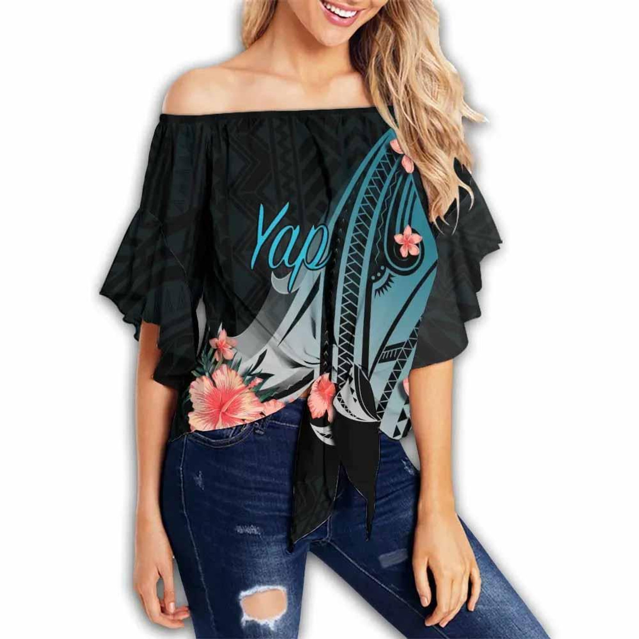 Yap Off Shoulder Wrap Waist Top - Turquoise Polynesian Hibiscus Pattern Style  1