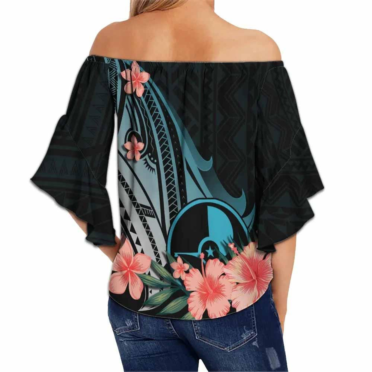 Yap Off Shoulder Wrap Waist Top - Turquoise Polynesian Hibiscus Pattern Style  2