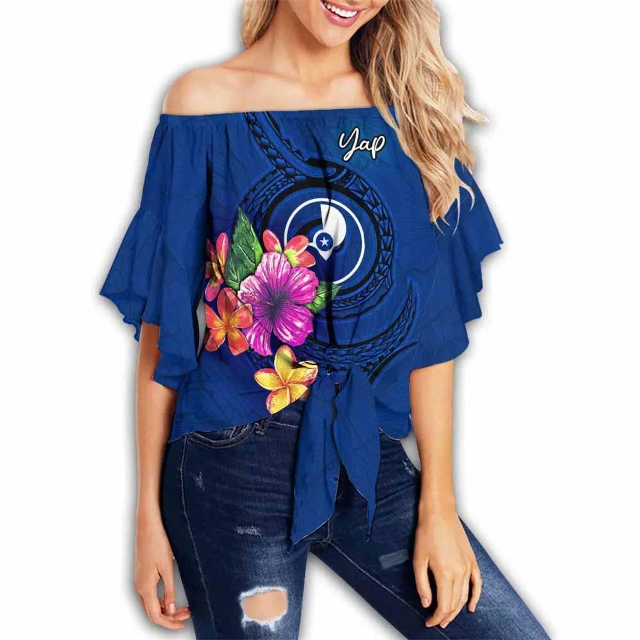 Yap Polynesian Off Shoulder Wrap Waist Top - Floral With Seal Blue  1