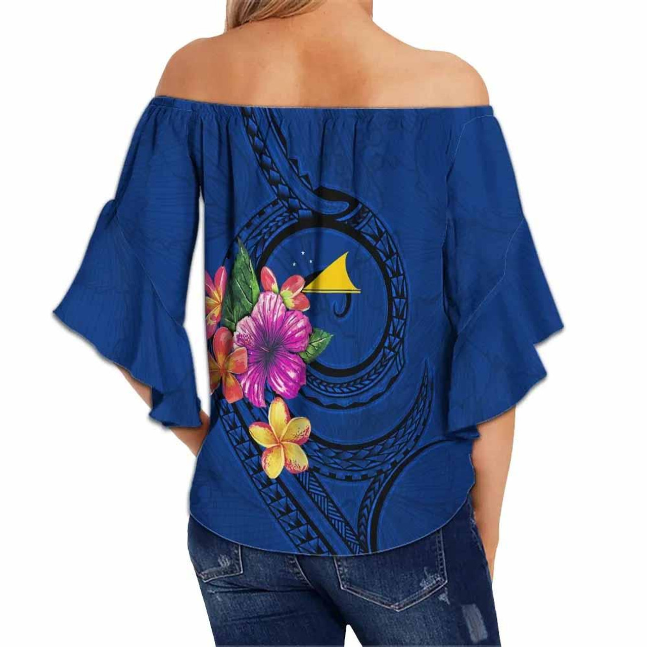 Tokelau Polynesian Custom Personalized Off Shoulder Wrap Waist Top - Floral With Seal Blue  2