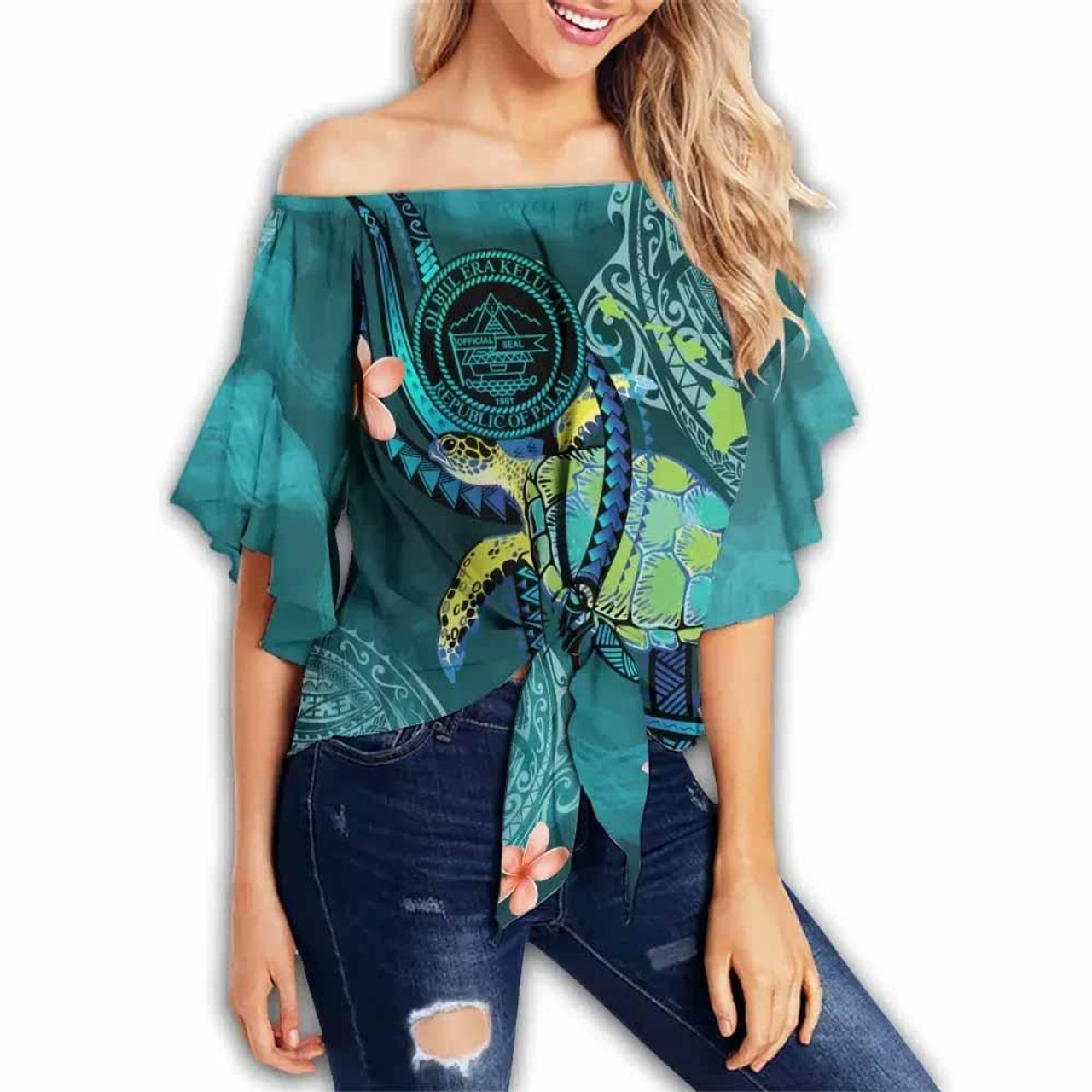 Palau Personalised Off Shoulder Wrap Waist Top - Turtle With Pattern  1