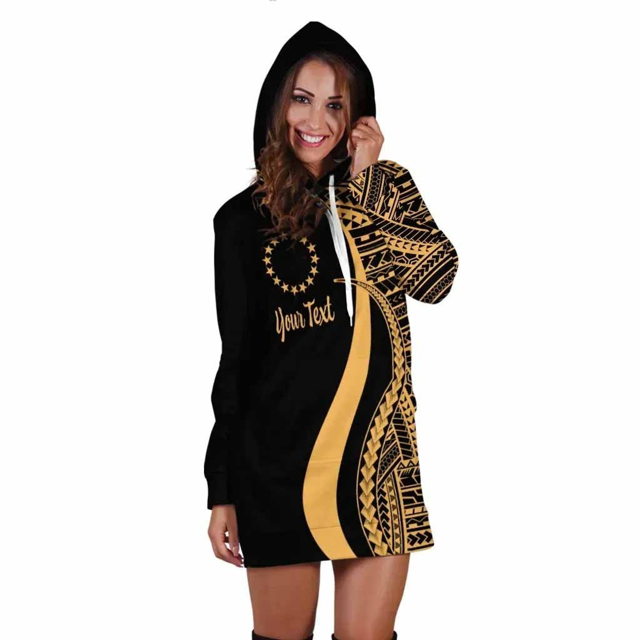 Cook Islands Custom Personalised Hoodie Dress - Gold Polynesian Tentacle Pattern 3