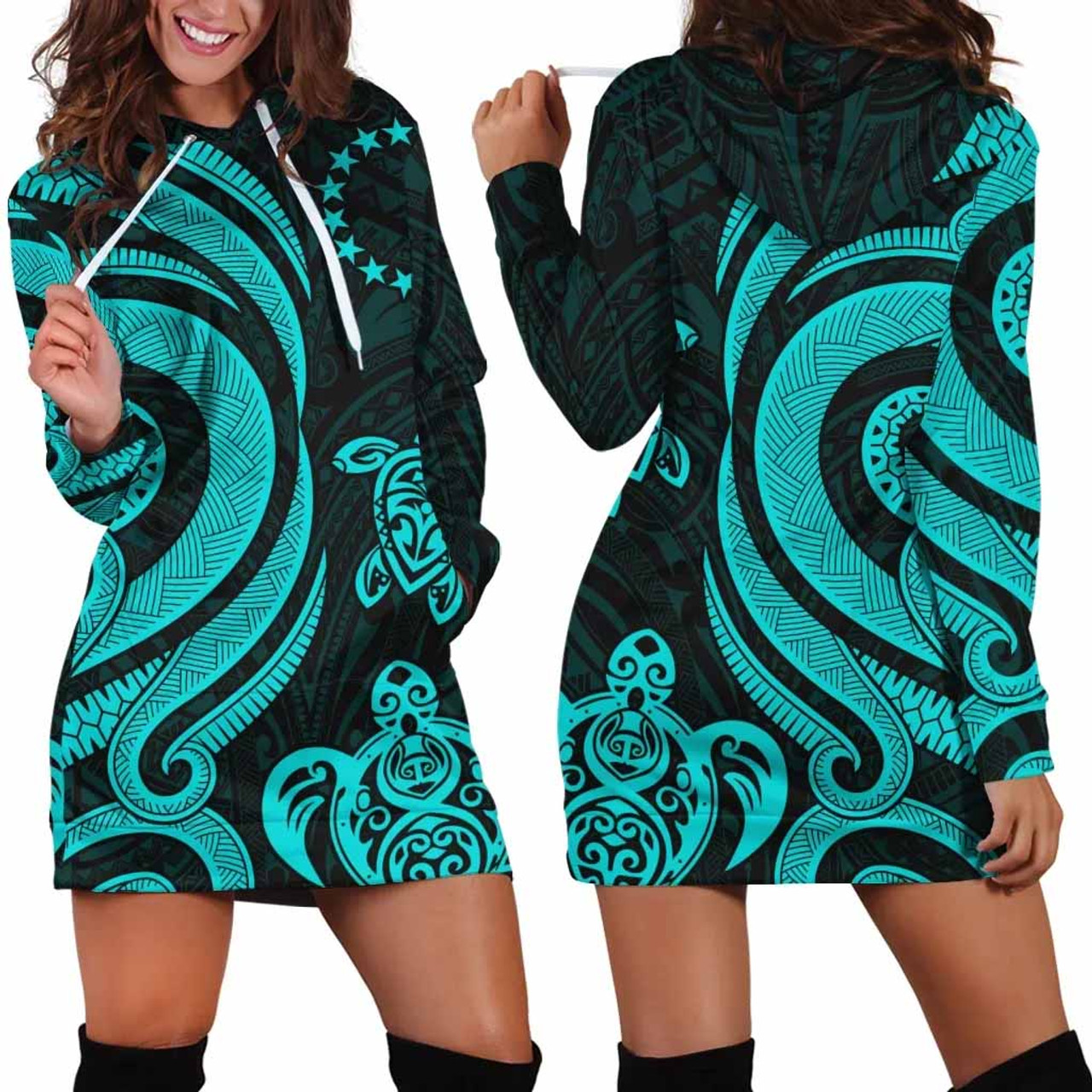 Cook Islands Women Hoodie Dress - Turquoise Tentacle Turtle 1