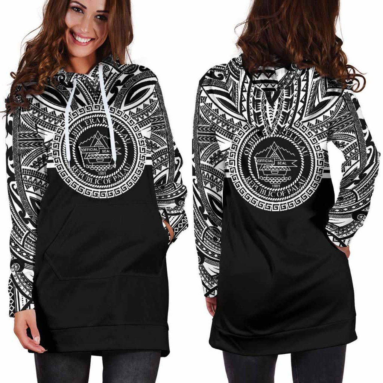 Palau Women Hoodie Dress - Palau Coat Of Arms Polynesian Black Color 2