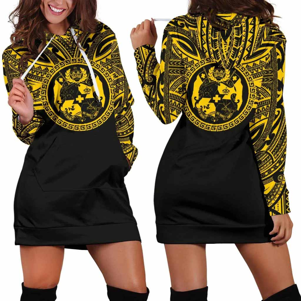 Tonga Women Hoodie Dress - Tonga Coat Of Arms Polynesian Gold Black 1