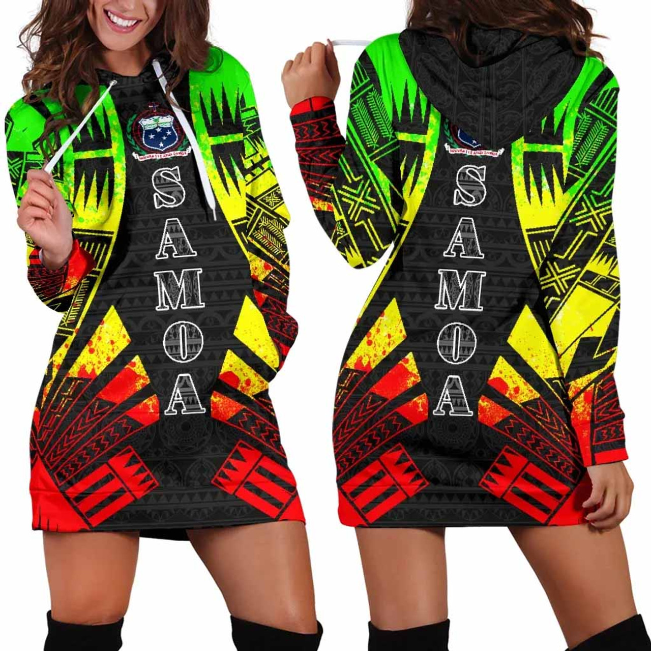 Samoa Hoodie Dress - Polynesian Tattoo Reggae 1