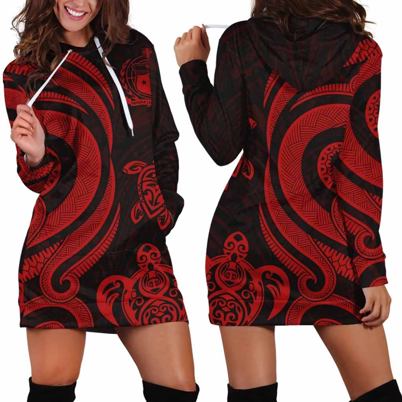 Samoa Women Hoodie Dress - Red Tentacle Turtle 1