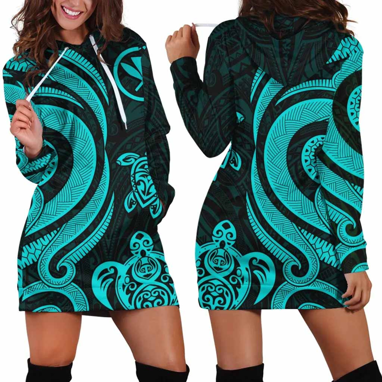 Hawaii Women Hoodie Dress - Turquoise Tentacle Turtle 1