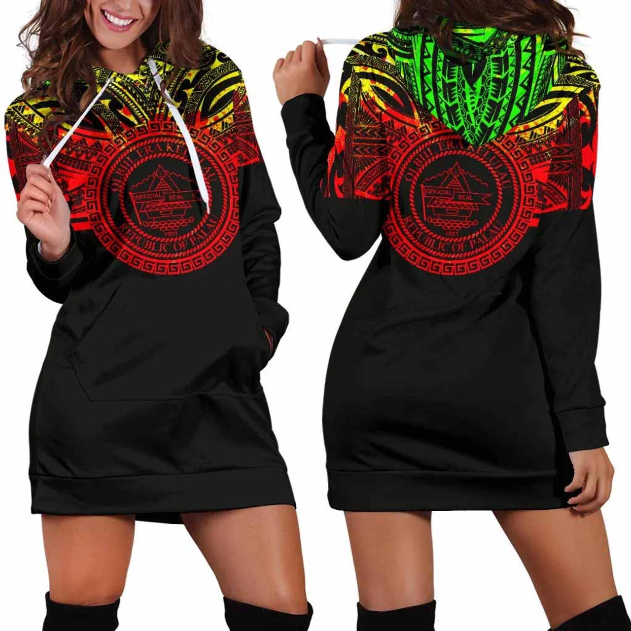 Palau Women Hoodie Dress - Palau Coat Of Arms Polynesian Reggae Color 1