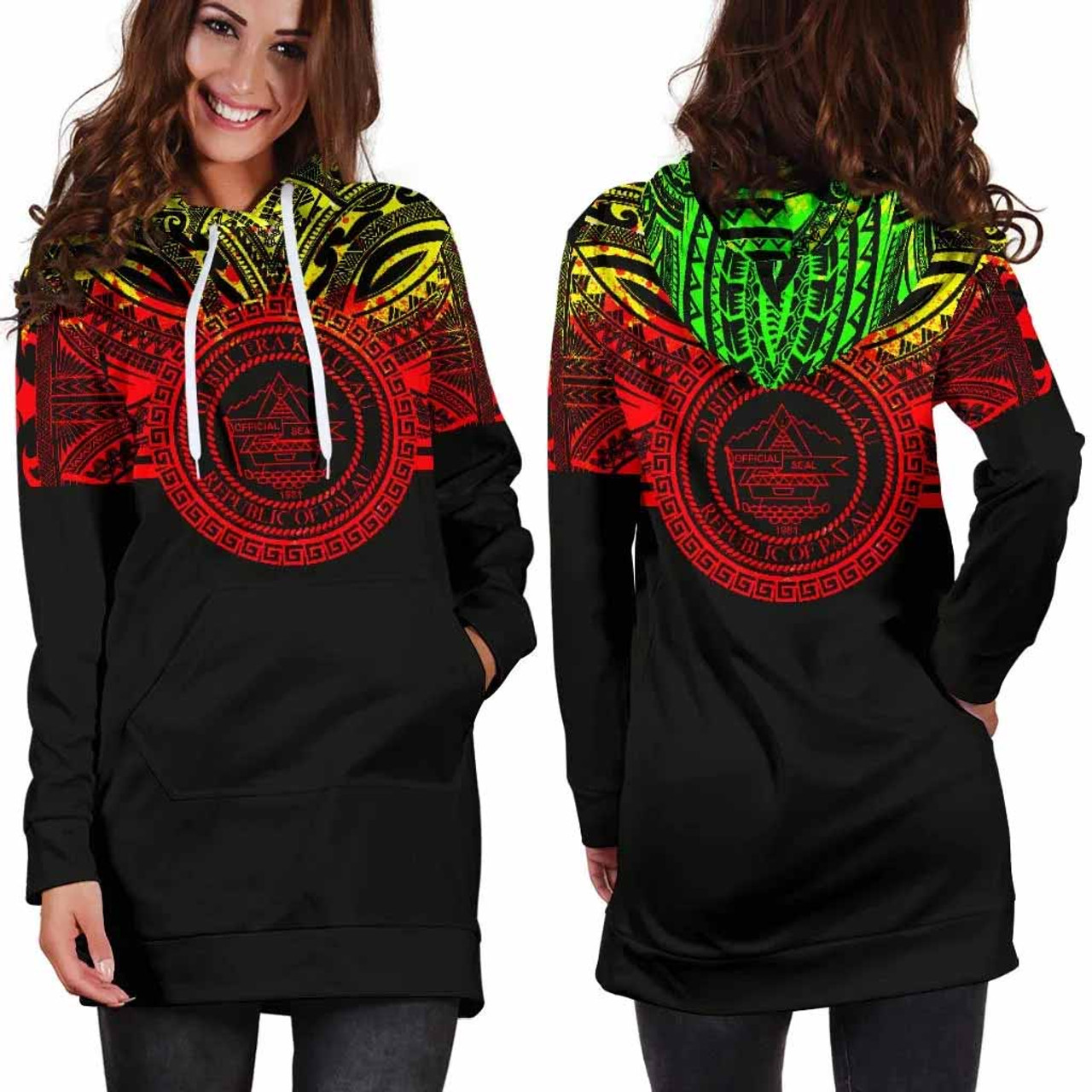 Palau Women Hoodie Dress - Palau Coat Of Arms Polynesian Reggae Color 2