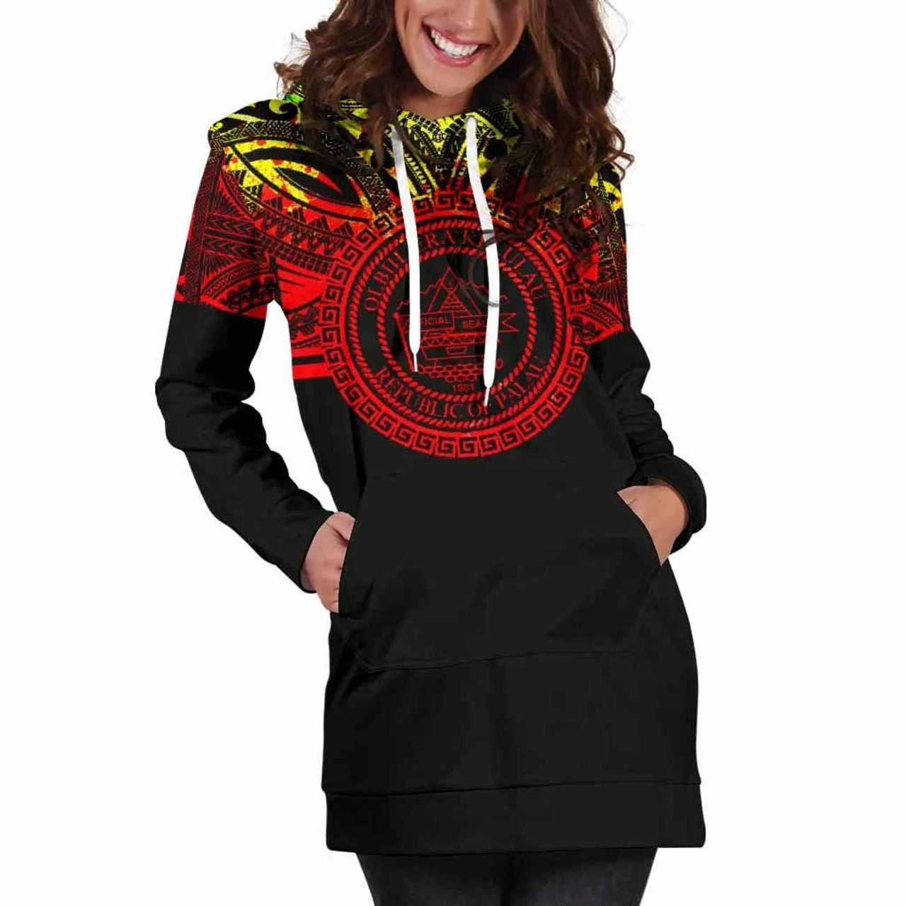 Palau Women Hoodie Dress - Palau Coat Of Arms Polynesian Reggae Color 5