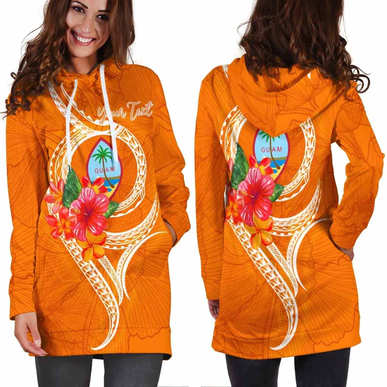 Guam Polynesian Custom Personalised Hoodie Dress - Orange Floral With Seal 3
