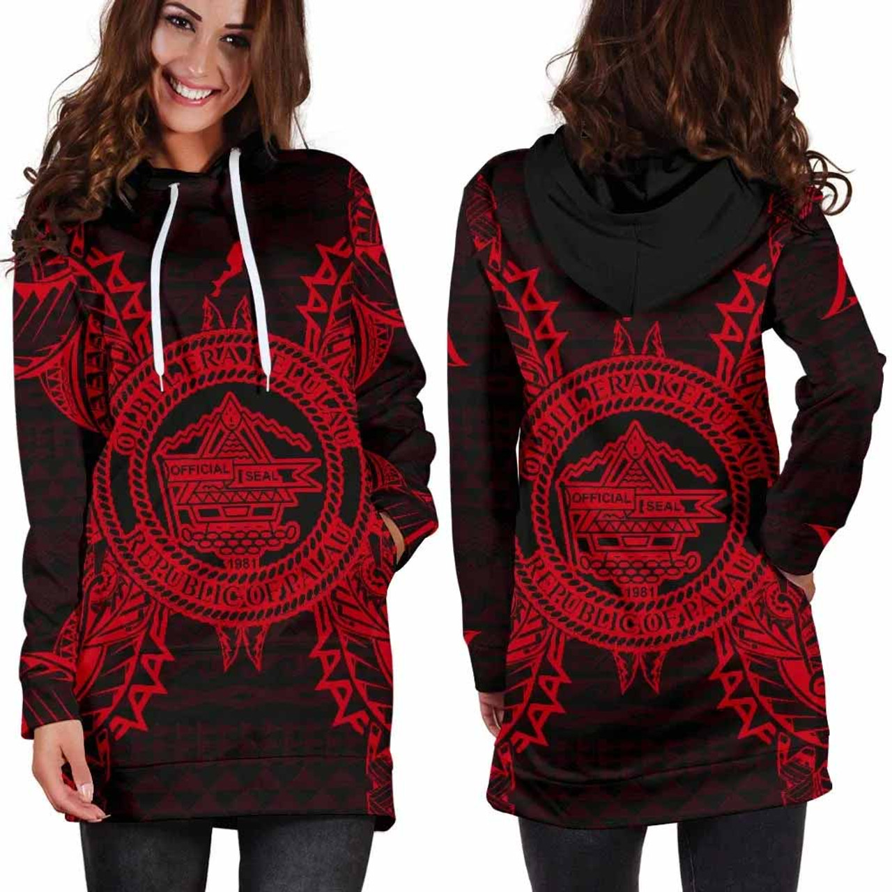 Palau Polynesian Hoodie Dress Map Red 2