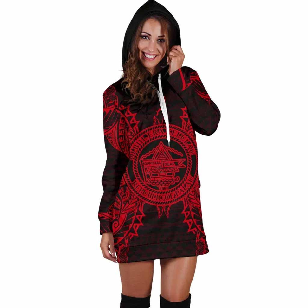 Palau Polynesian Hoodie Dress Map Red 3