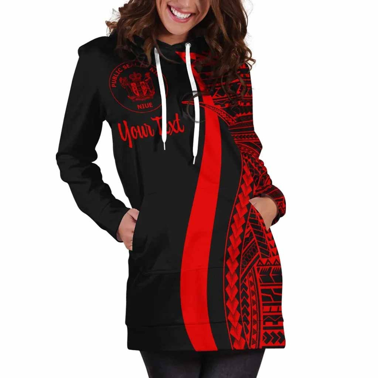 Niue Custom Personalised Hoodie Dress - Red Polynesian Tentacle Pattern 5