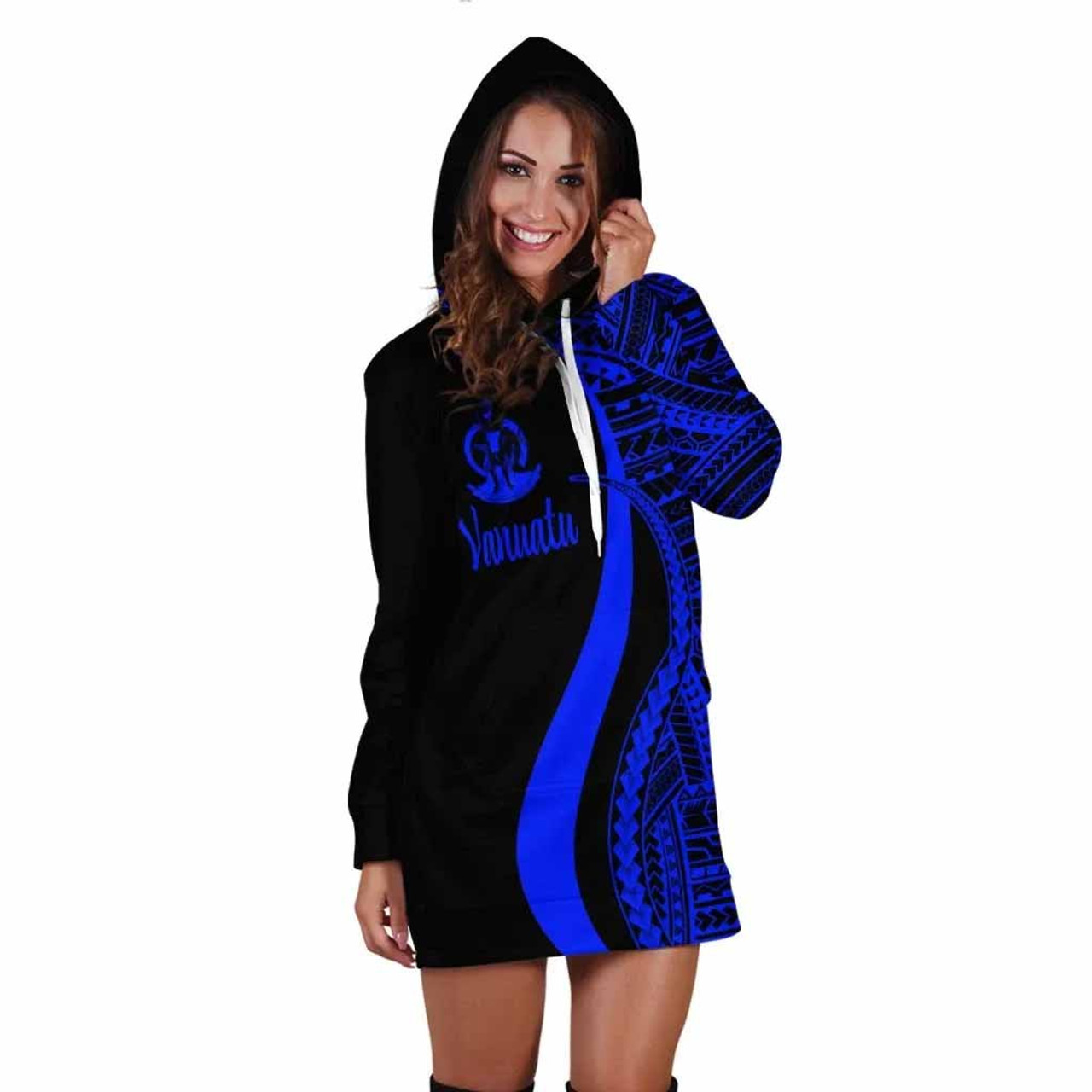 Vanuatu Women Hoodie Dress - Blue Polynesian Tentacle Tribal Pattern 3