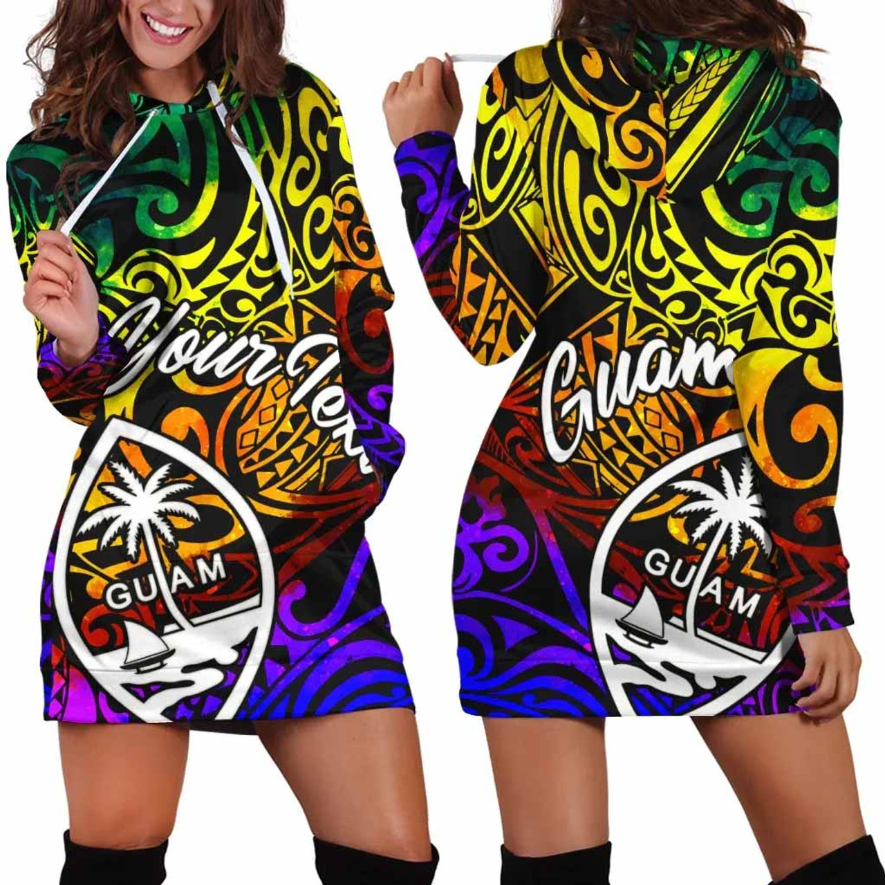 Guam Custom Personalised Hoodie Dress - Rainbow Polynesian Pattern 1