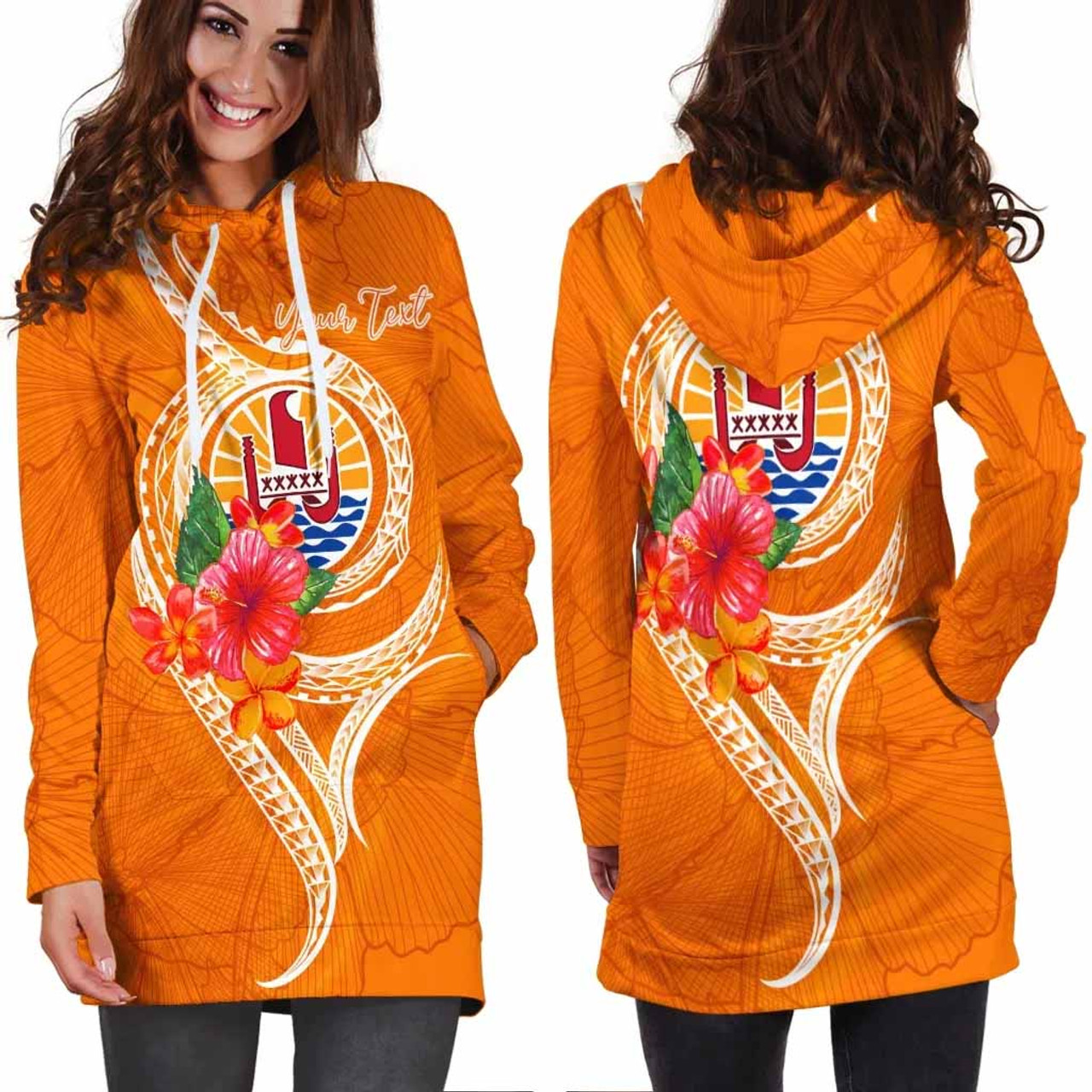 Tahiti Polynesian Custom Personalised Hoodie Dress - Orange Floral With Seal 3