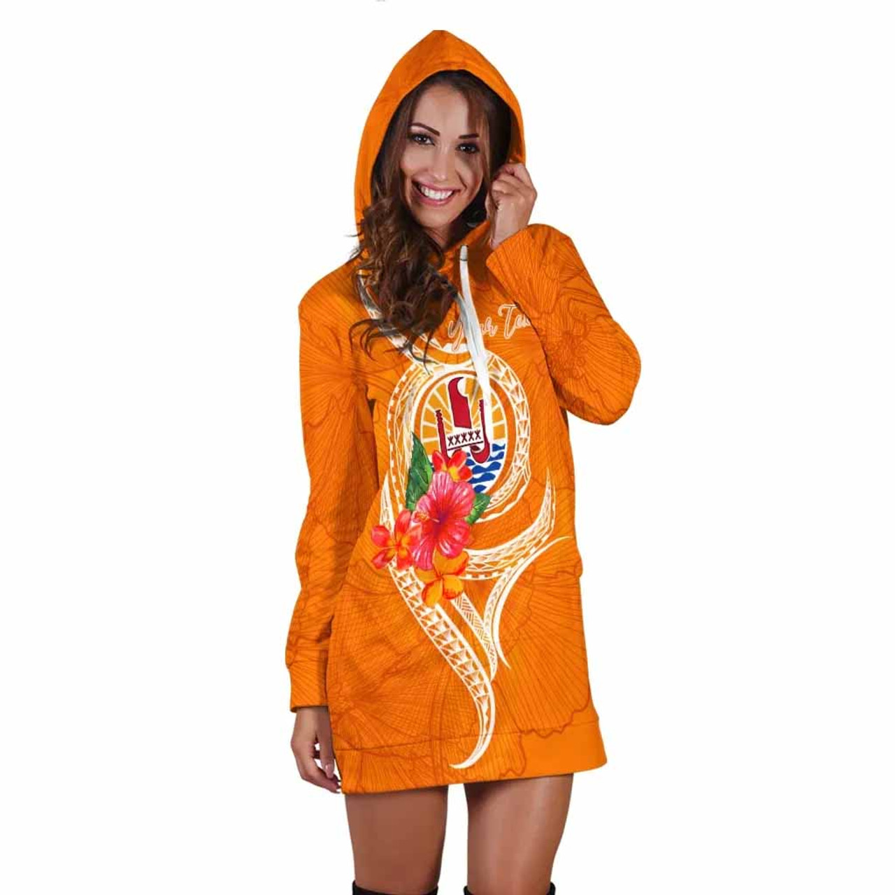 Tahiti Polynesian Custom Personalised Hoodie Dress - Orange Floral With Seal 4