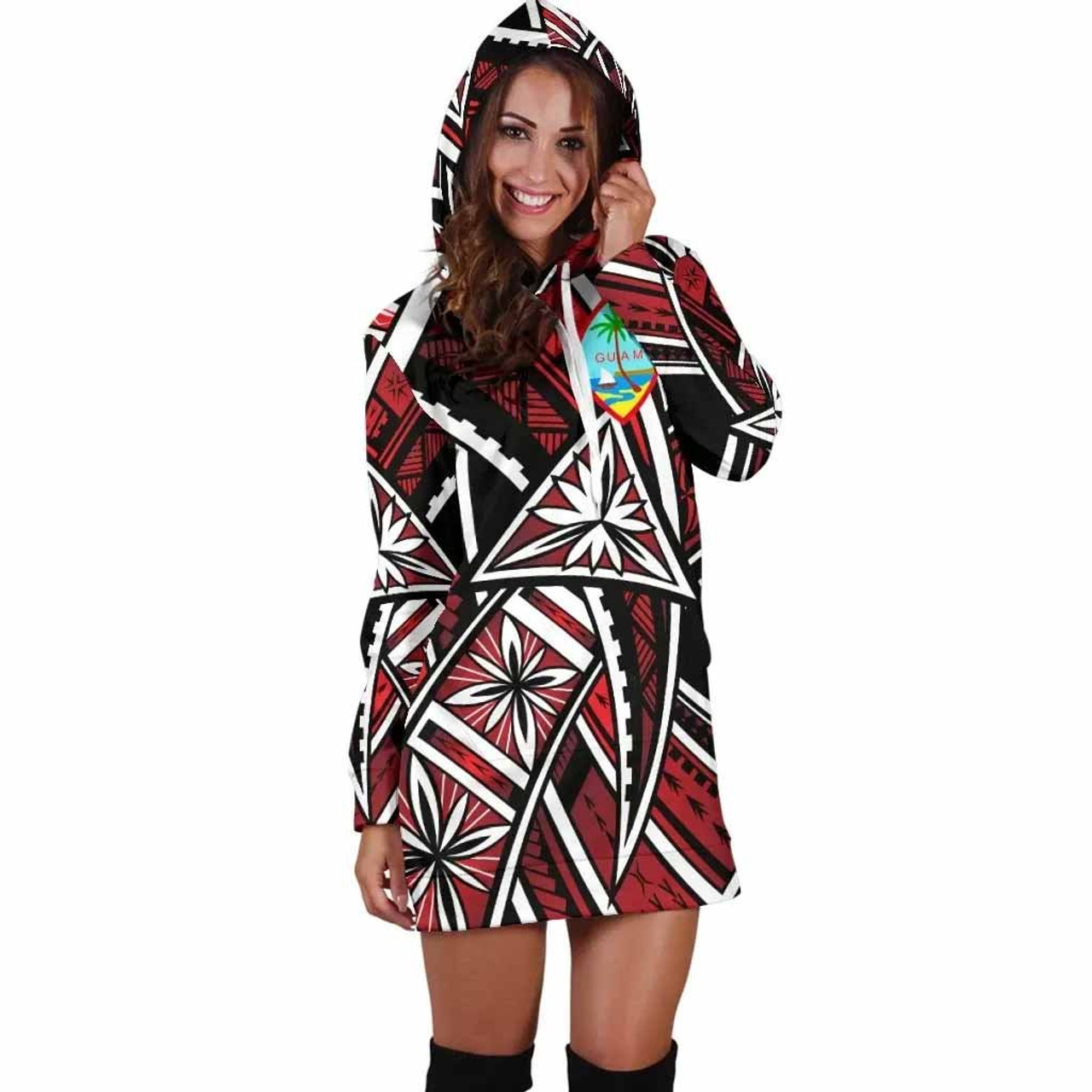 Guam Women Hoodie Dress - Tribal Flower Special Pattern Red Color 5