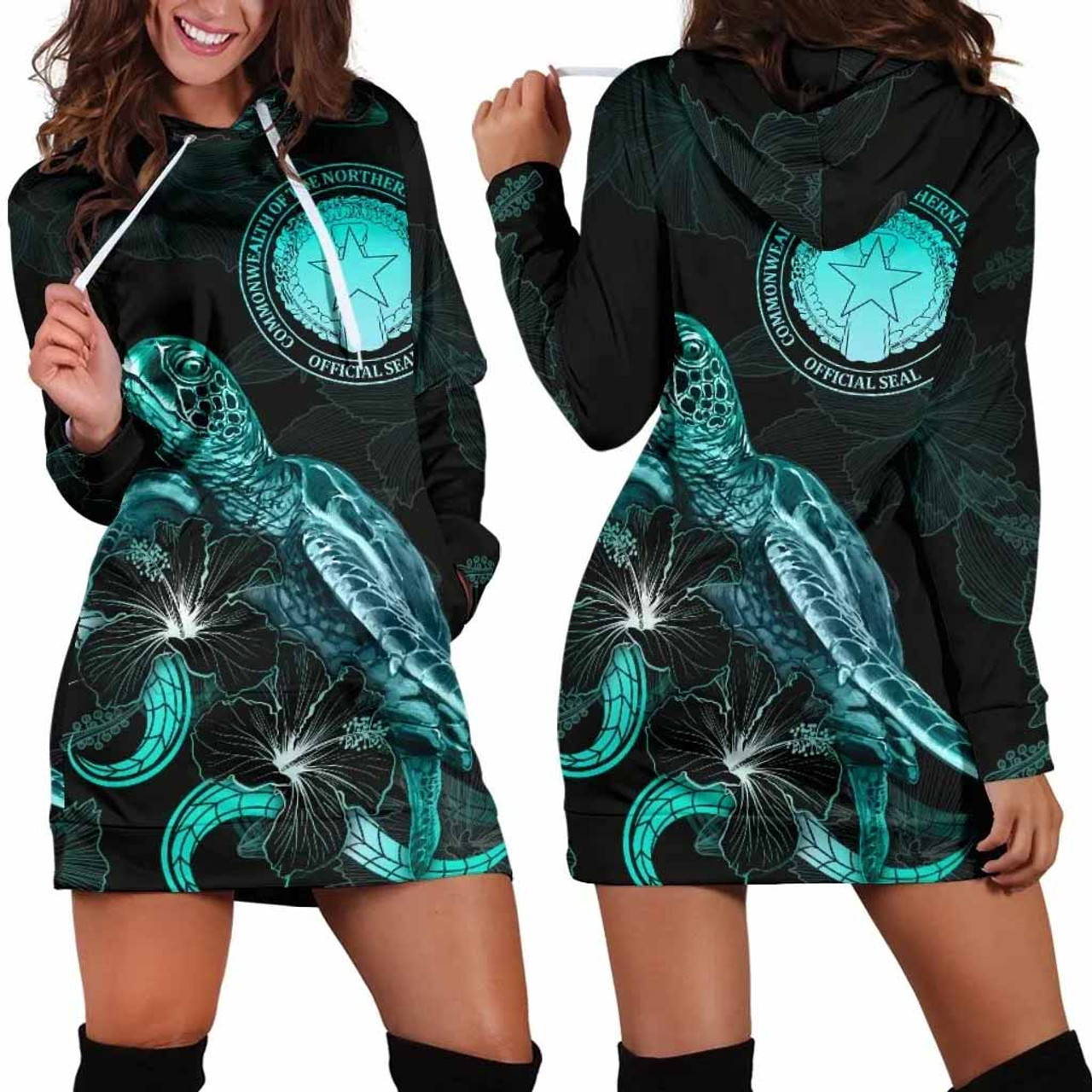 CNMI Polynesian Hoodie Dress - Turtle With Blooming Hibiscus Turquoise 1