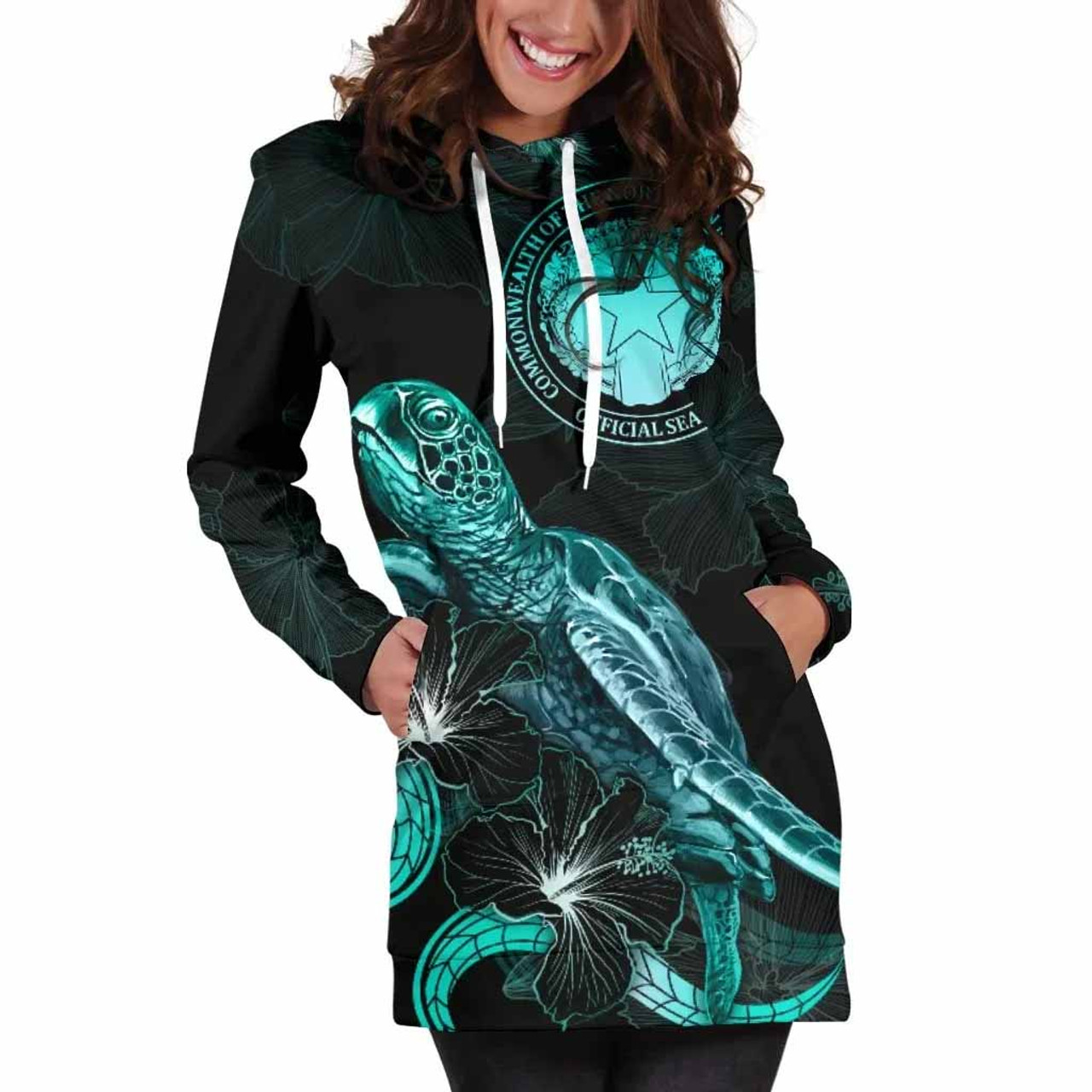 CNMI Polynesian Hoodie Dress - Turtle With Blooming Hibiscus Turquoise 5