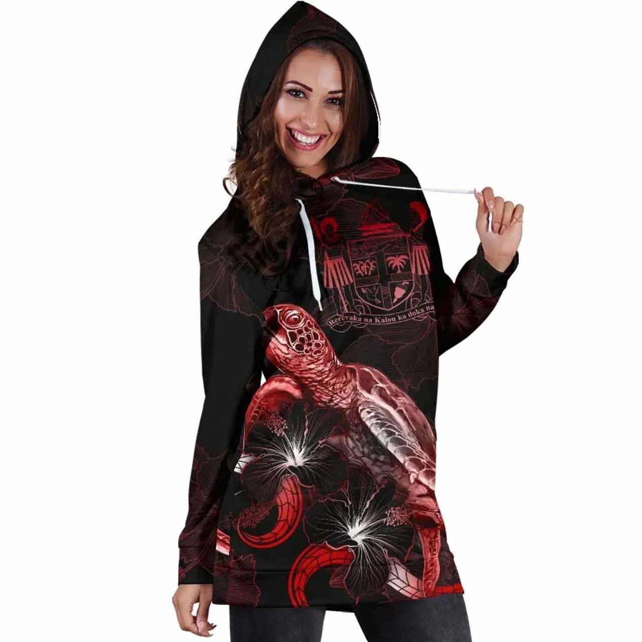 FiJi Polynesian Hoodie Dress - Turtle With Blooming Hibiscus Red 4