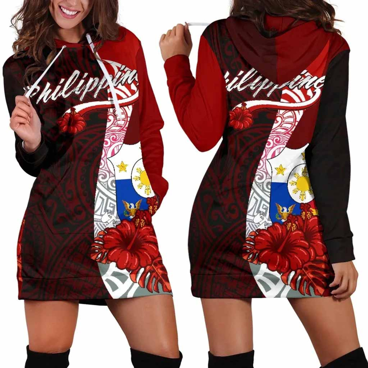 Philippines Polynesian Hoodie Dress - Coat Of Arm With Hibiscus 1