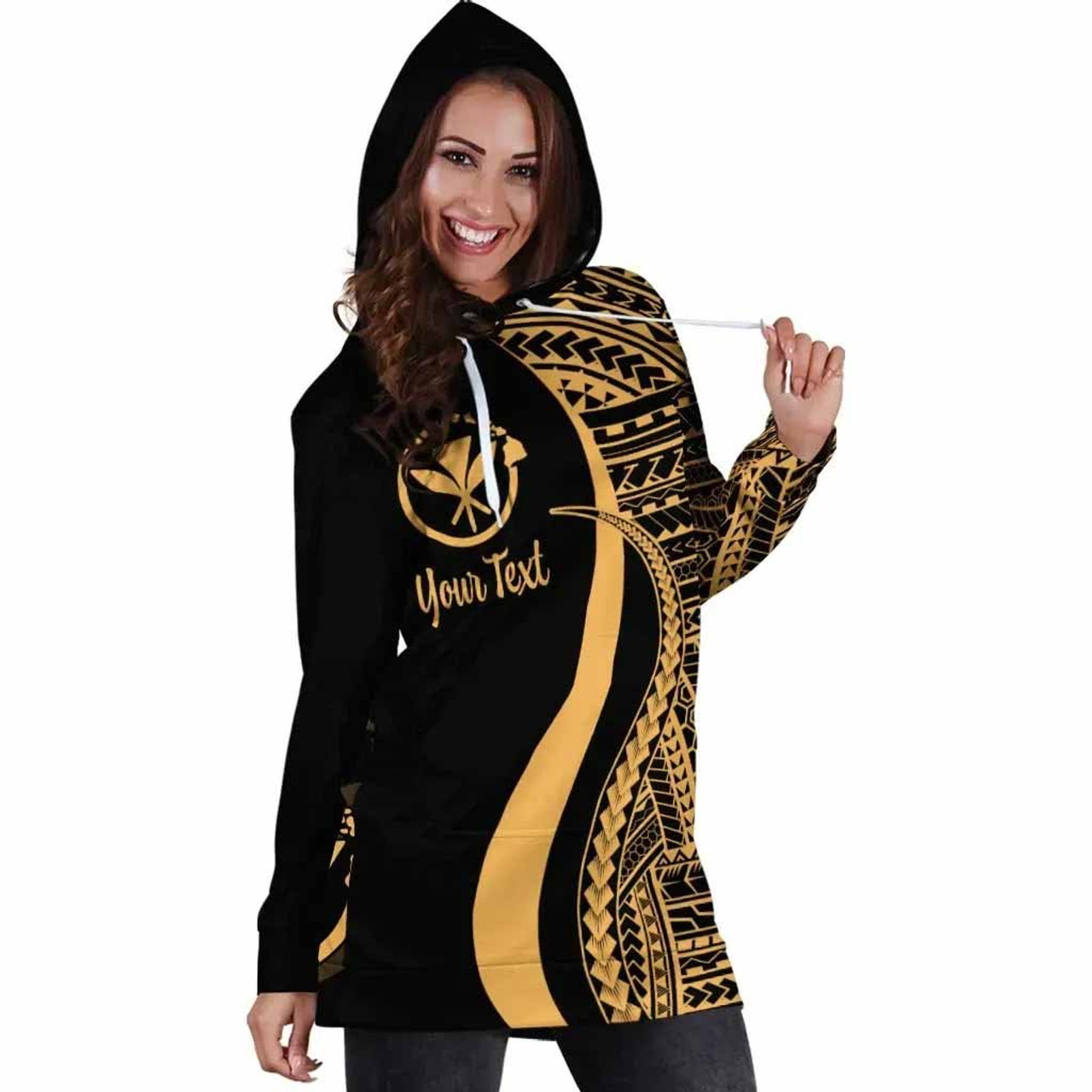 Hawaii Custom Personalised Hoodie Dress - Gold Polynesian Tentacle Pattern 4