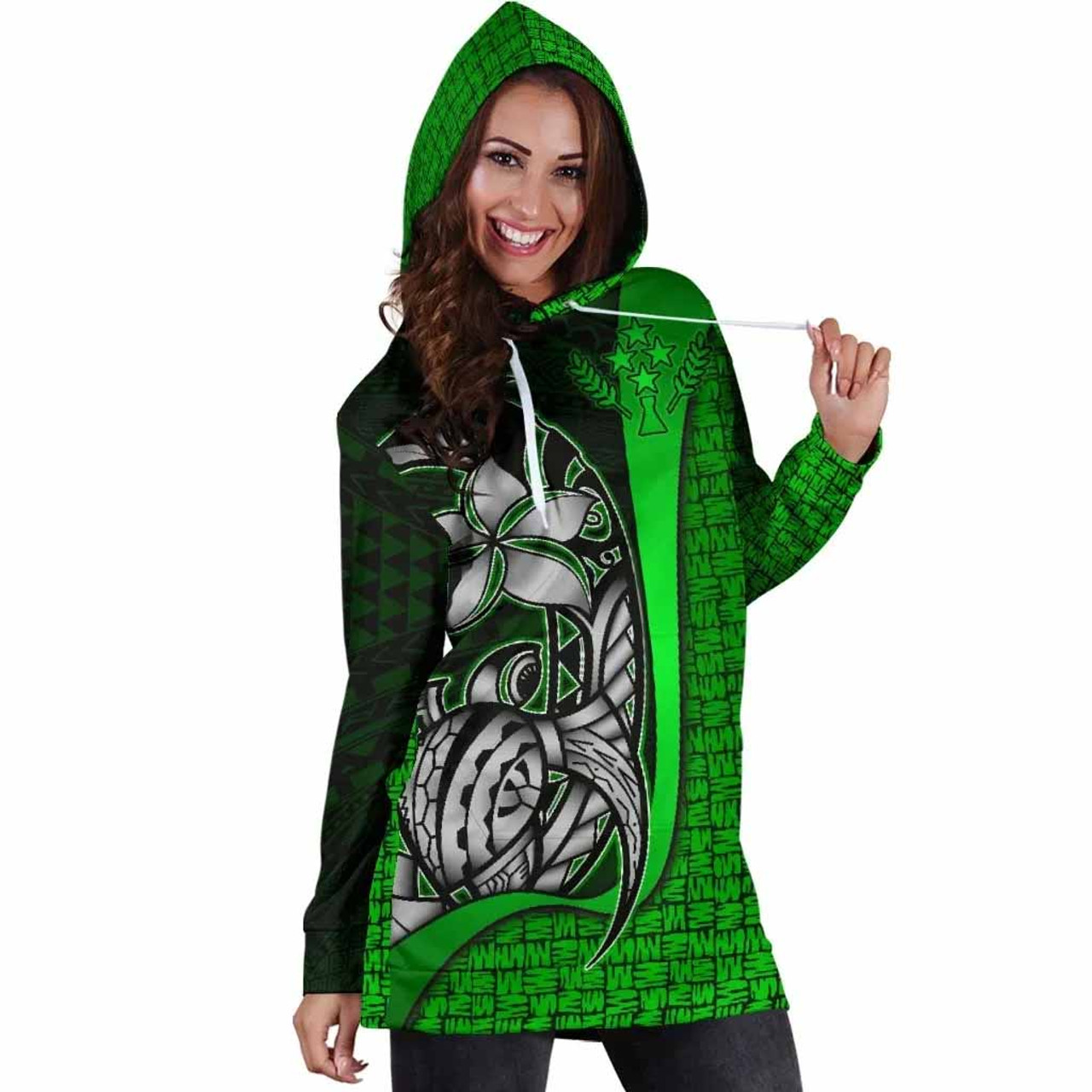 Kosrae Micronesian Women Hoodie Dress Green - Turtle With Hook 4