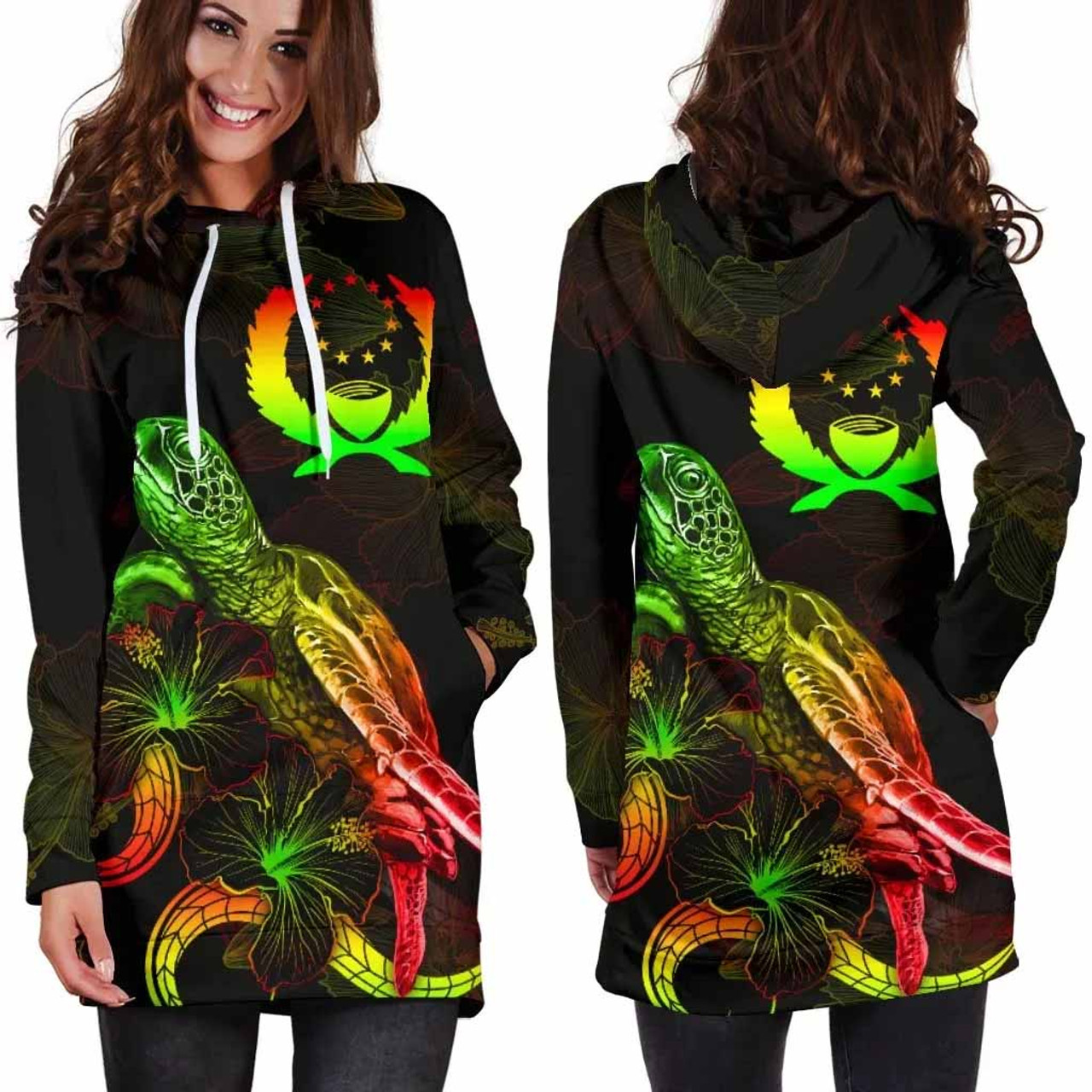 Pohnpei Polynesian Hoodie Dress - Turtle With Blooming Hibiscus Reggae 2