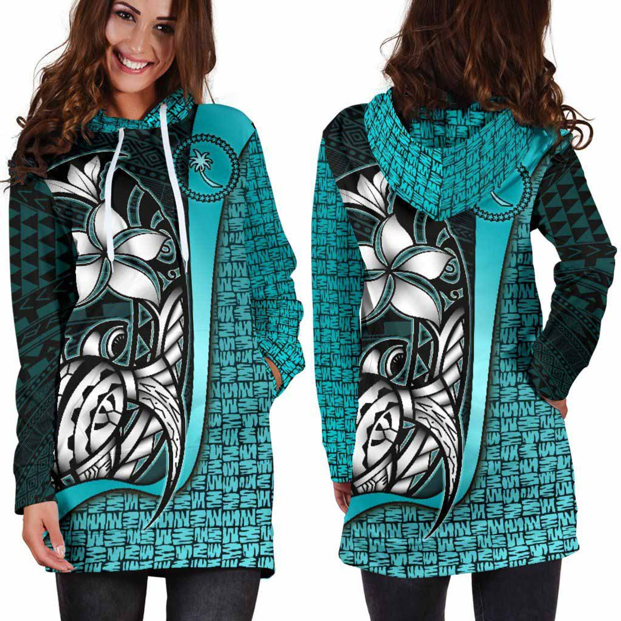 Chuuk Micronesian Women Hoodie Dress Turquoise - Turtle With Hook 2