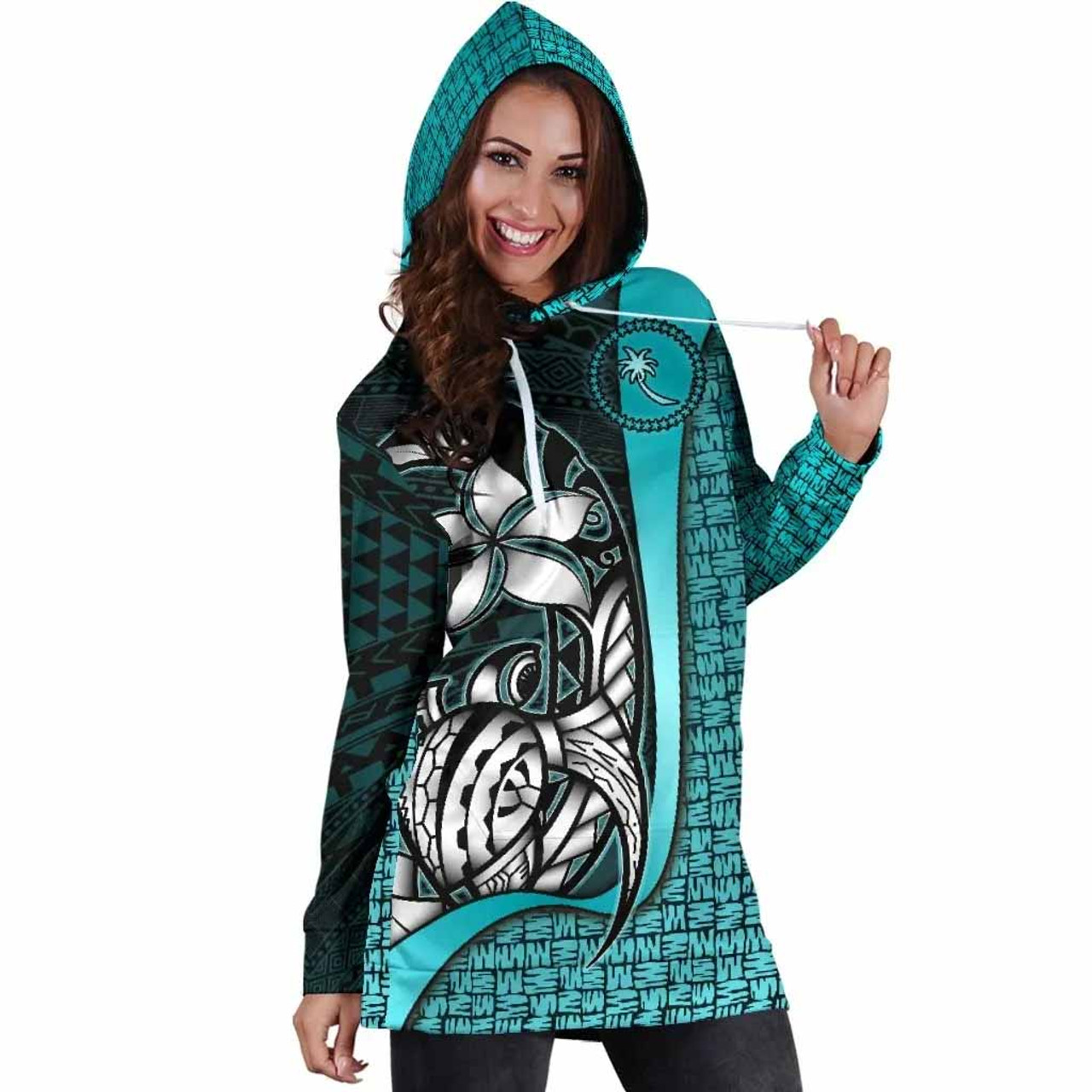 Chuuk Micronesian Women Hoodie Dress Turquoise - Turtle With Hook 4