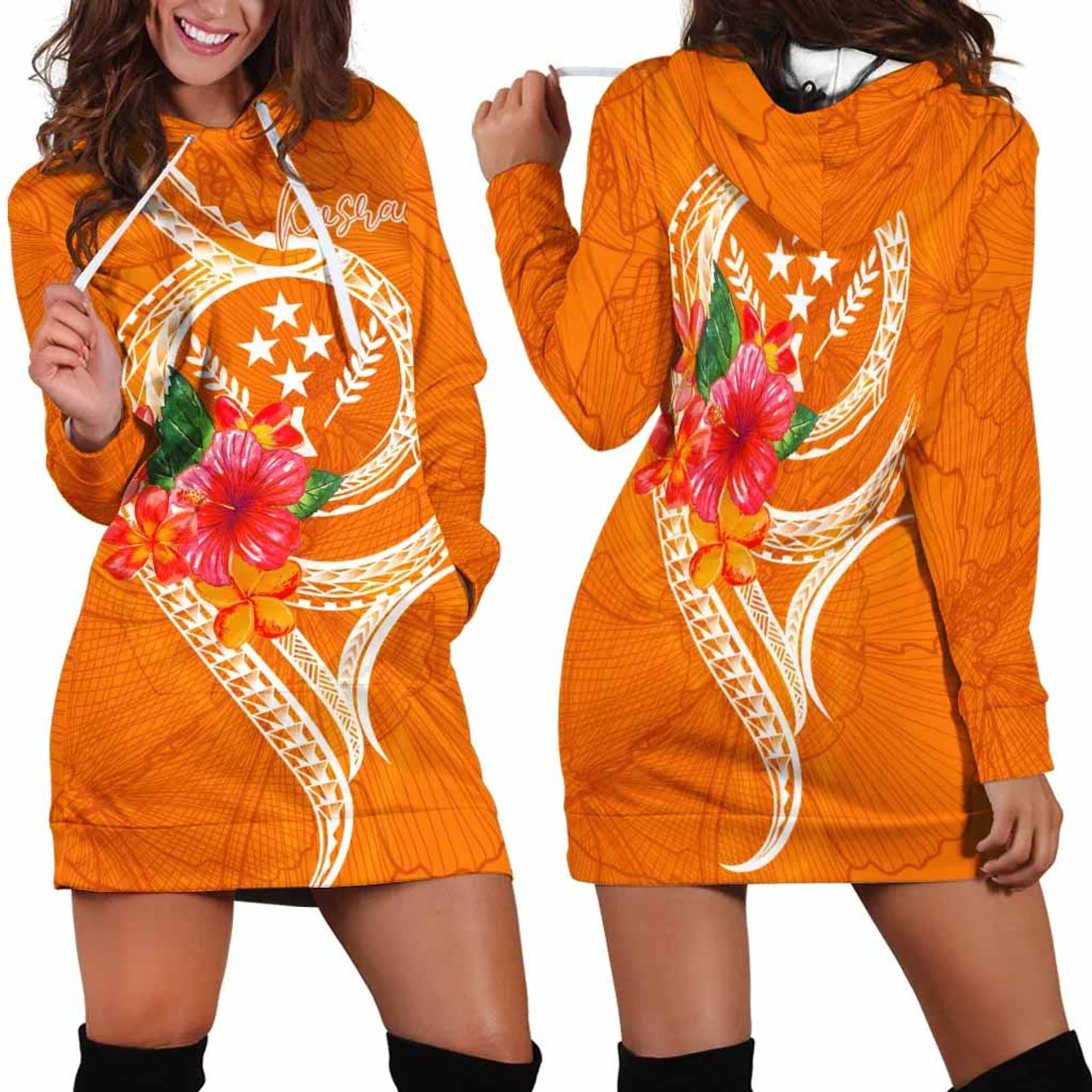 Kosrae Polynesian Hoodie Dress - Orange Floral With Seal 1